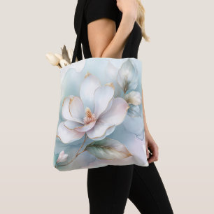 Bolsa Tote Magnólia Branca Flor Com Borda Dourada