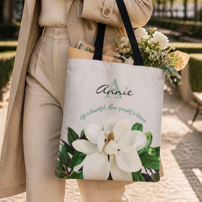 Bolsa Tote Magnólia em Flor | A Vida é Bonita | Personalizado (Criador carregado)