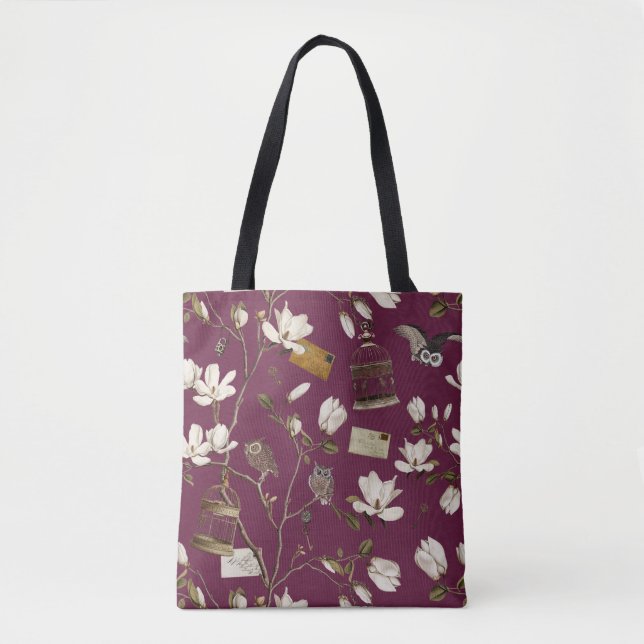 Bolsa Tote Magnolia Grove with Owls in Mulberry Red (Frente)