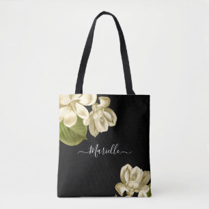 Bolsa Tote Magnolias Brancas Chic Na Na moda Preta