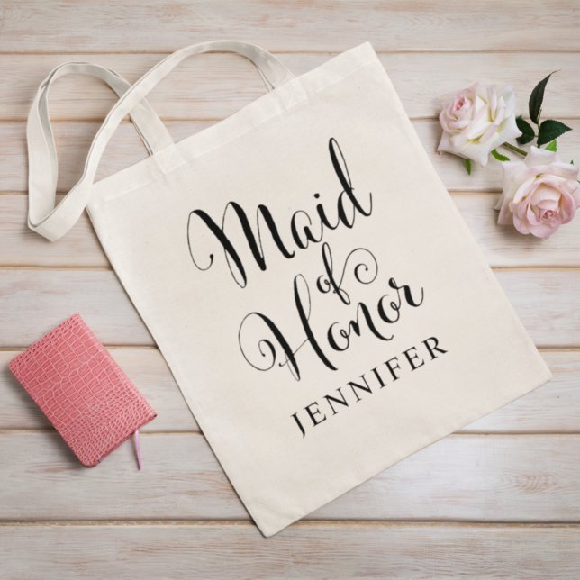 Bolsa Tote Maid of Honor Black Script Personalized Wedding (Criador carregado)