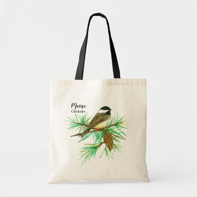 Bolsa Tote Maine Bird Chickadee White Pinecone Tassel (Frente)