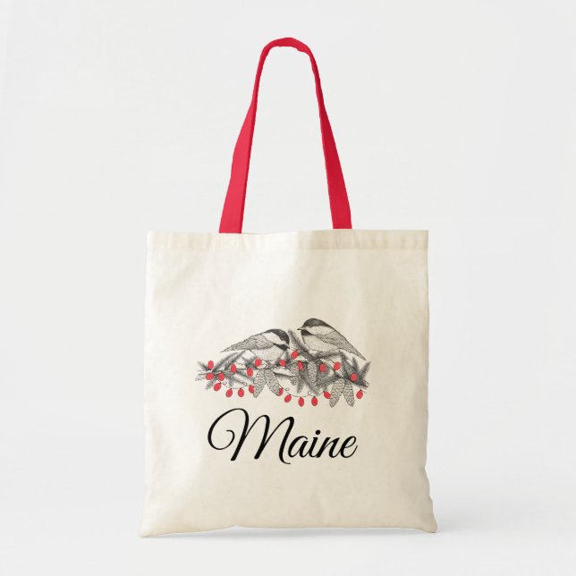 Bolsa Tote Maine Chickadee Bird Feriado de inverno Neve (Frente)