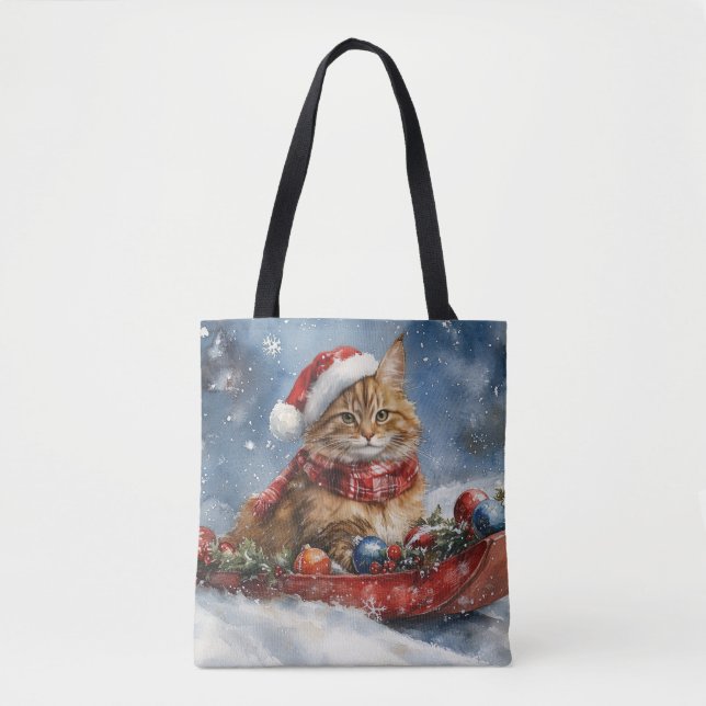 Bolsa Tote Maine Coon Cat em Sledge Deixe nevar Natal (Frente)