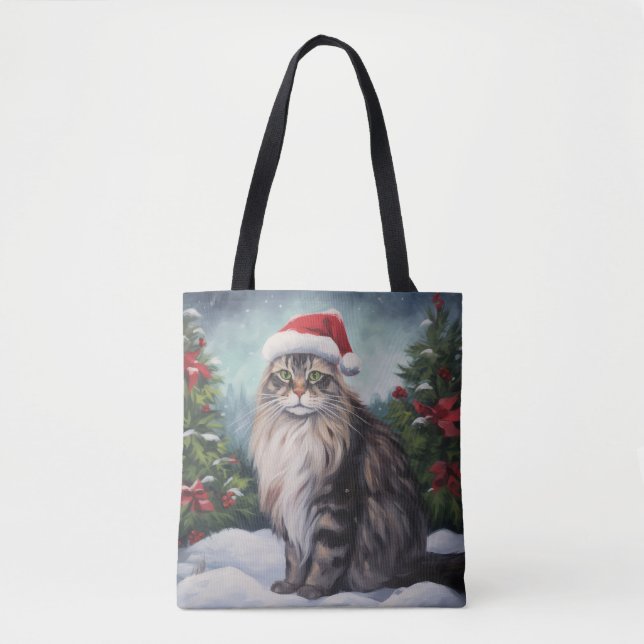 Bolsa Tote Maine Coon Cat no Natal da Neve (Frente)