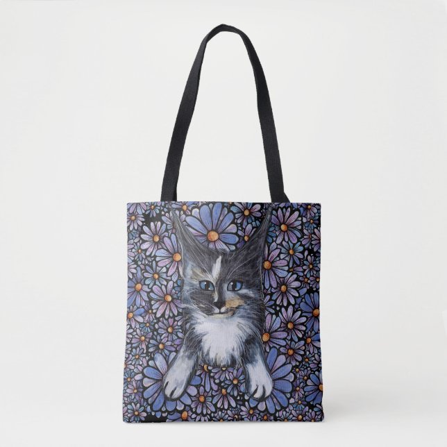 Bolsa Tote Maine Coon Dilute Calico Cat Purple Daisy (Frente)
