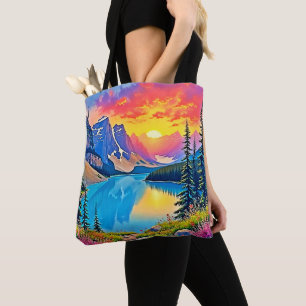 Bolsa Tote Majestade do Lago da Montanha do Pôr do Sol Arte