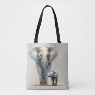 Bolsa Tote Majestoso Elefante Africano e Bebê em Aquarela 