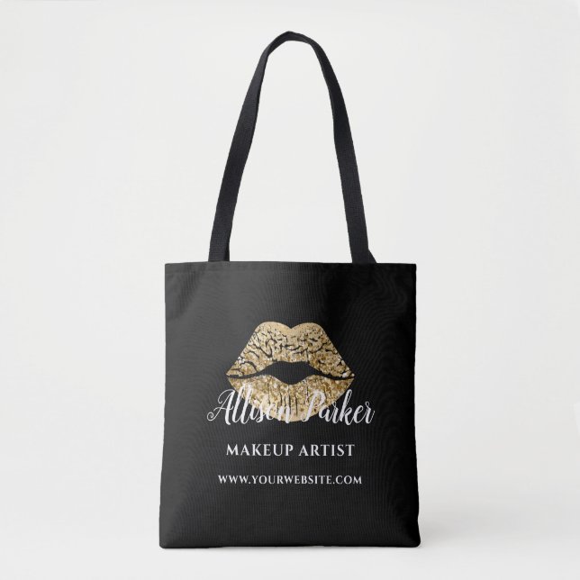 Bolsa Tote Makeup Artist Dourado Kiss Lábios Negócios (Frente)