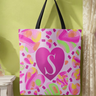 Bolsa Tote Mala de Escola Corações Rosa Monograma Moderna