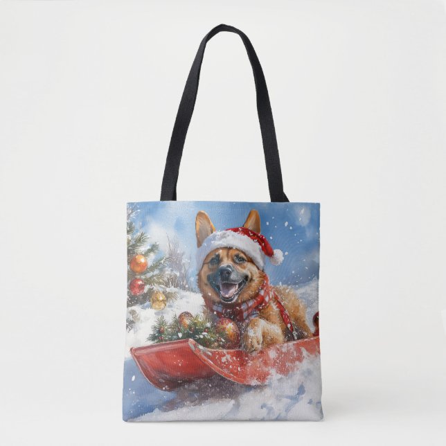 Bolsa Tote Malinois Belga em Trenó Deixe Nevar Natal (Frente)