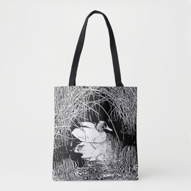 Bolsa Tote Mallard Duck Foto Black and White Lake Bird (Frente)