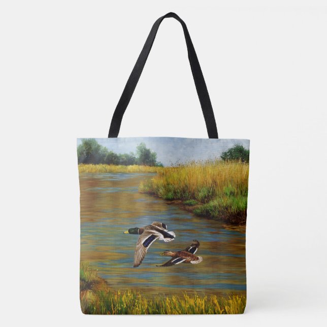 Bolsa Tote Mallard Ducks Voando Sobre Pond (Frente)