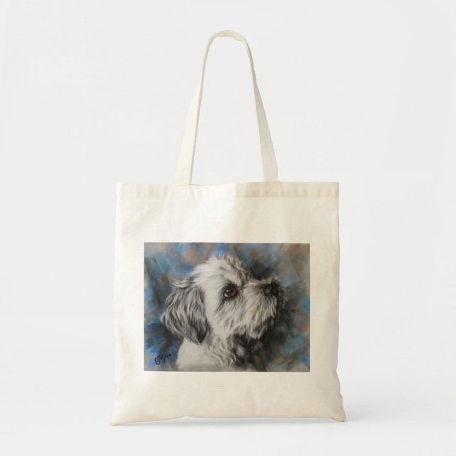 Bolsa Tote Maltês branco/Shih Tzu fluffy dog (Frente)