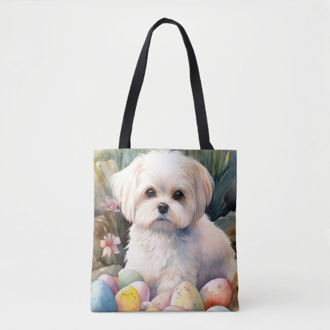 Bolsa Tote Maltês Cão com Feriado de Ovos de Páscoa (Frente)