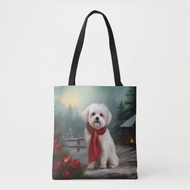 Bolsa Tote Maltês Cão no Natal da Neve (Frente)