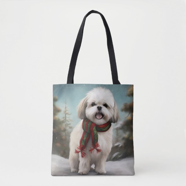 Bolsa Tote Malti Tzu Dog no Natal da Neve (Frente)