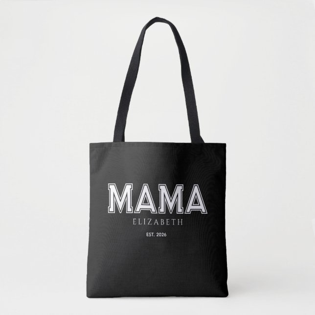 Bolsa Tote Mama Preta da Moda com Nome e Ano de Fundação (Frente)