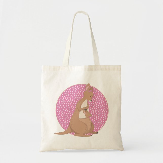 Bolsa Tote Mamãe de canguru e Joey bebê em padrão rosa (Frente)