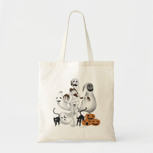 Bolsa Tote Mamãe de Halloween com Kitty Cats e Fantasma (Frente)