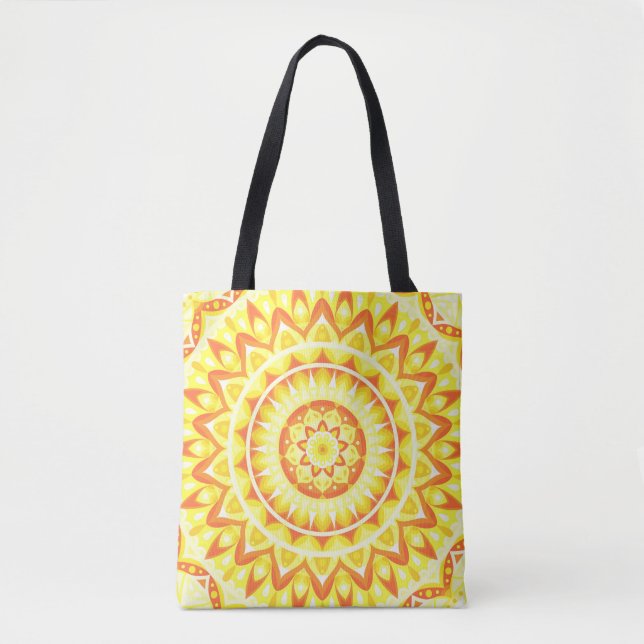 Bolsa Tote Mandala Amarela Brilho Boho Compras Vibrante Feliz (Frente)