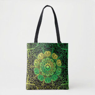Bolsa Tote Mandala Art: Detalhe Verde Amarelo.