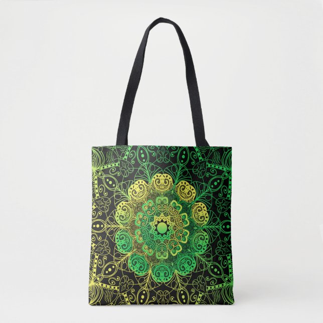 Bolsa Tote Mandala Art: Detalhe Verde Amarelo. (Frente)