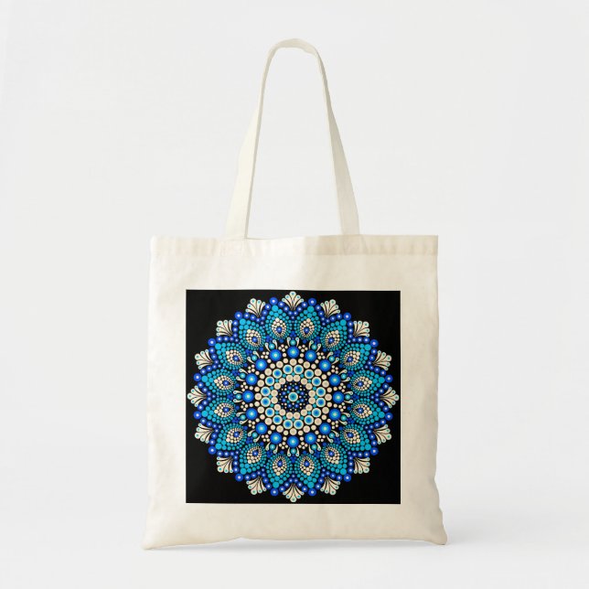 Bolsa Tote Mandalá Azul Boho Floral Geométrico Canvas (Frente)