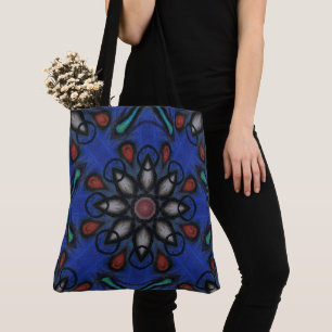Bolsa Tote Mandala Azul Caleidoscópio com Acentos Vermelhos e