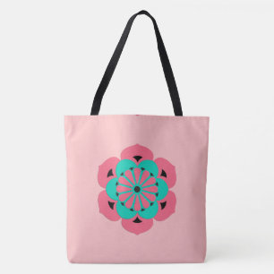 Bolsa Tote Mandala da flor de Lotus, rosa coral e turquesa