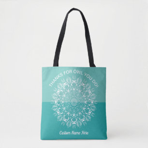 Bolsa Tote Mandala de coruja branca Teal Aqua para agradecime