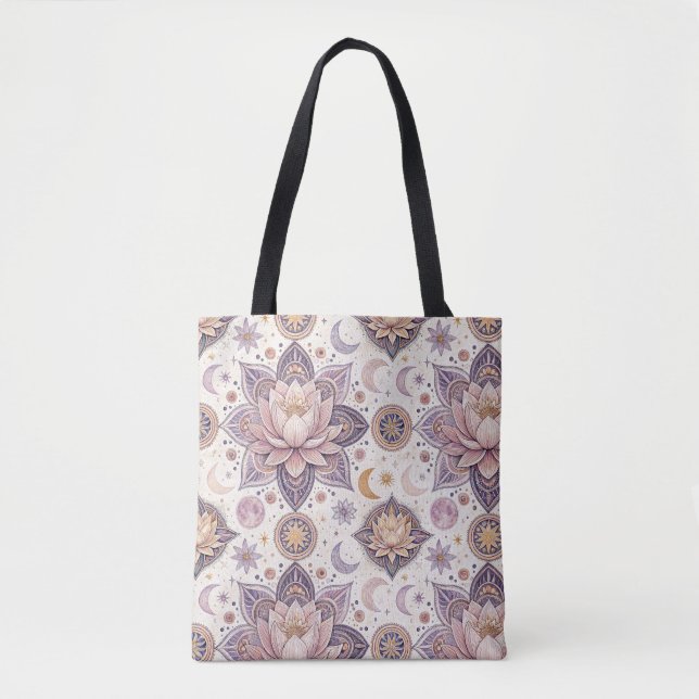 Bolsa Tote Mandala de Lótus Celestial com Desenho Espiritual (Frente)