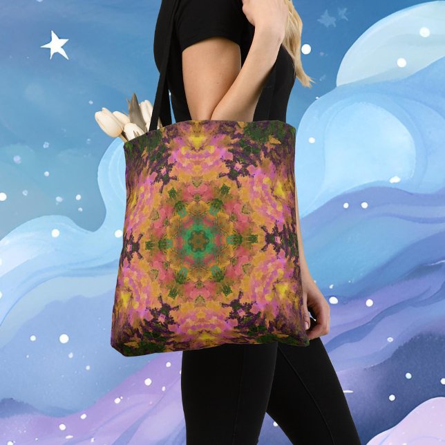 Bolsa Tote Mandala digital cor-de-rosa amarelo e verde (Criador carregado)
