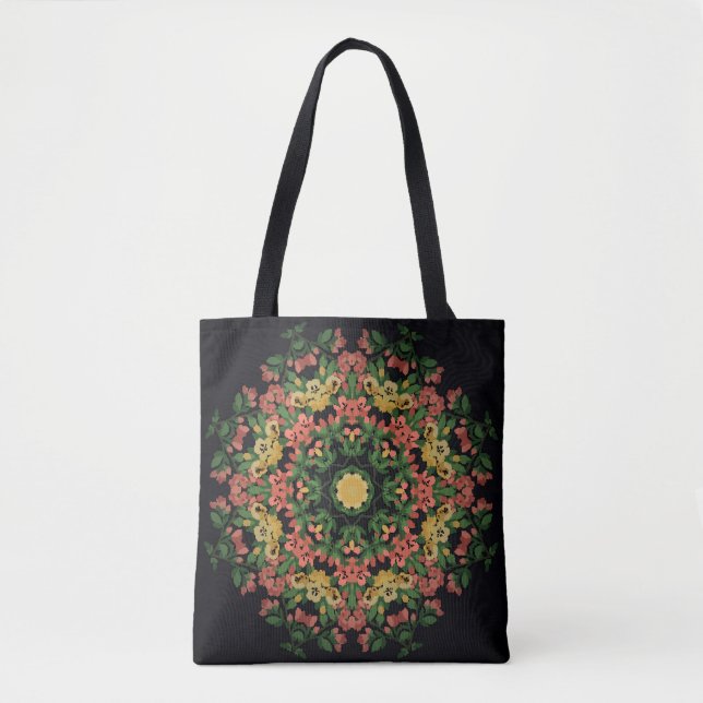 Bolsa Tote Mandala Floral: vermelha, vindima amarela. (Frente)