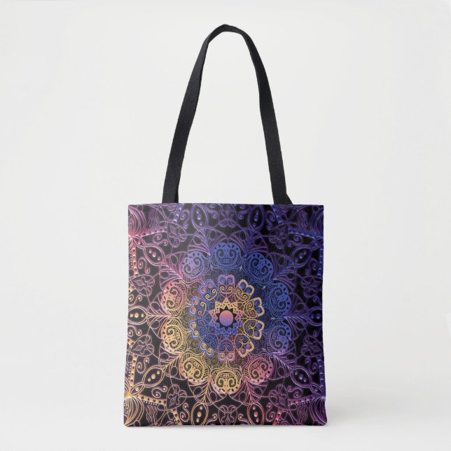 Bolsa Tote Mandala roxa e amarela: design desenhada à mão (Frente)