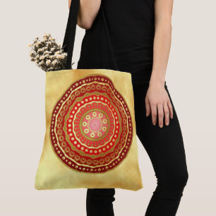 Bolsa Tote Mandala Vermelho Pontos Dourados em Fundo Dourado 