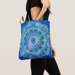 Bolsa Tote Mandala White Outline 12 sobre Blue Teal -