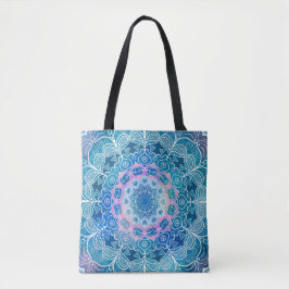 Bolsa Tote Mandala White Outline Blue Watercolor -