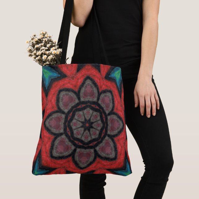 Bolsa Tote Mandalala de Flor de Caleidoscópio Vermelho e Pret (Close Up)