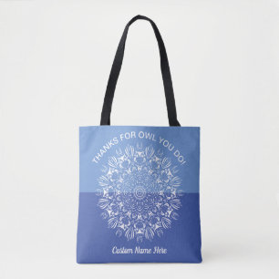 Bolsa Tote Mandalas de coruja azul e branca para agradeciment