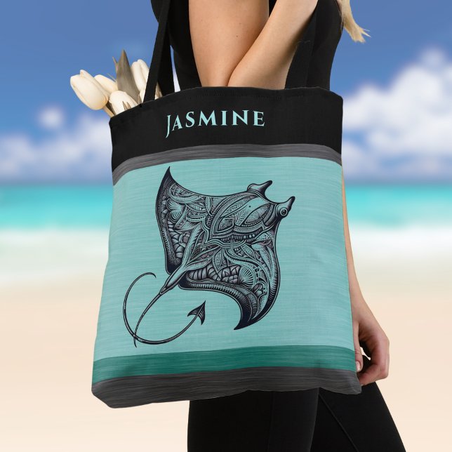 Bolsa Tote Manta Ray on Teal Faux Brushed Metal Monogrammed (Criador carregado)