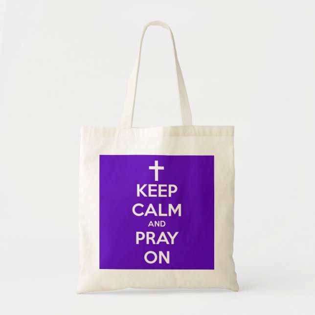 Bolsa Tote Mantenha a calma e Pray no roxo (Frente)