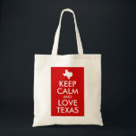 Bolsa Tote Mantenha Calma e Amor, Texas Vermelho<br><div class="desc">Design de texto personalizável "Keep Calm and Love Texas" com forma de mapa branco do estado do TX.</div>