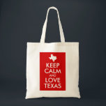 Bolsa Tote Mantenha Calma e Amor, Texas Vermelho<br><div class="desc">Design de texto personalizável "Keep Calm and Love Texas" com forma de mapa branco do estado do TX.</div>
