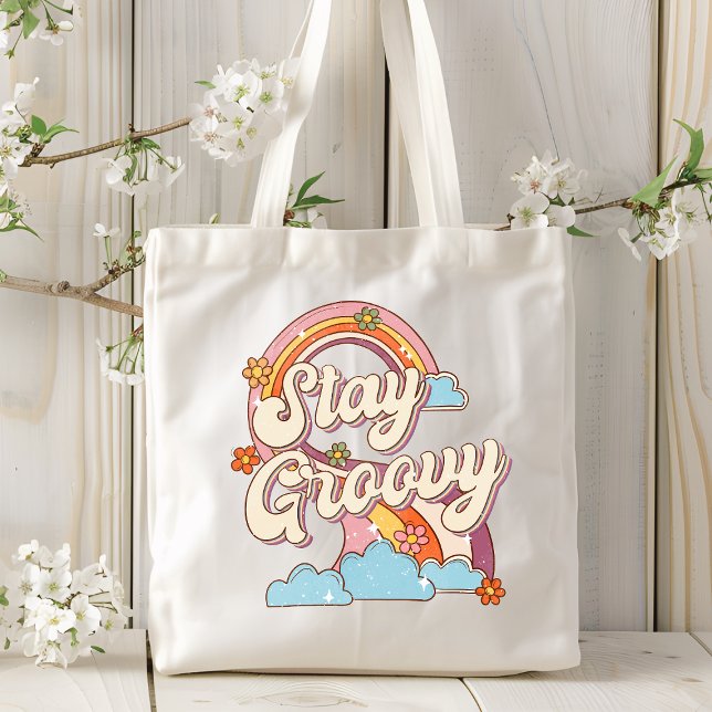 Bolsa Tote Mantenha Groovy Retro Rainbow Flowics (Criador carregado)
