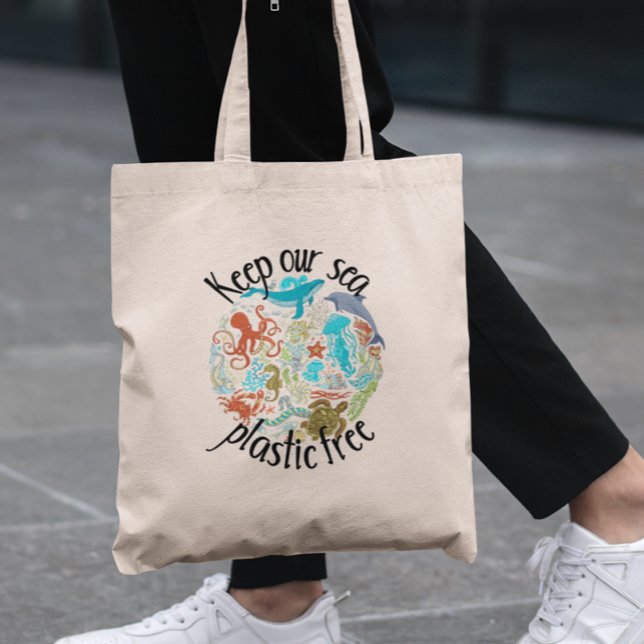 Bolsa Tote Mantenha o nosso mar com plástico, baleia-tartarug (Criador carregado)