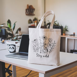 Bolsa Tote Mantenha-se selvagem Floral Boho Line Art