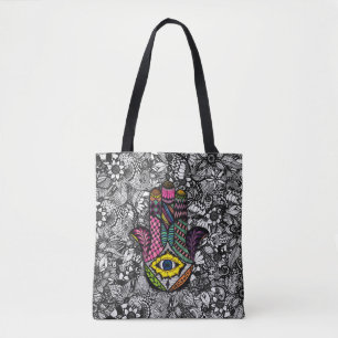 Bolsa Tote Mão colorida mão tirada de Hamsa desenhos florai