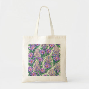 Bolsa Tote Mão de Hamsa e Olho Mau Floral Crocus Roxo