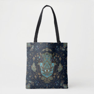 Bolsa Tote Mão de Hamsa - Mão de Gemstones Azuis de Fátima